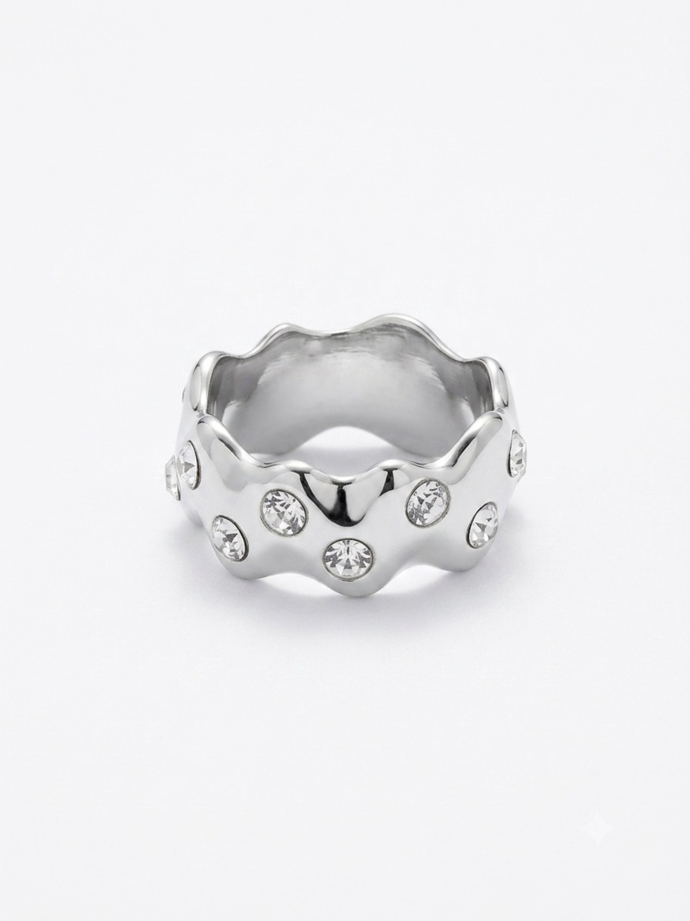 Silver-Tone Wave Ring with Clear Stones